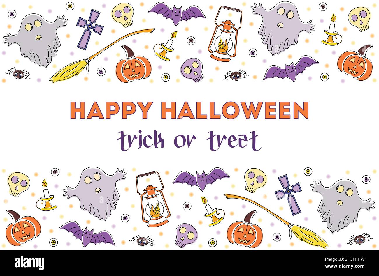 Helle Linie Kunst Illustration mit halloween-Symbole. Hintergrund mit glücklichem Trick or Treat Stock Vektor