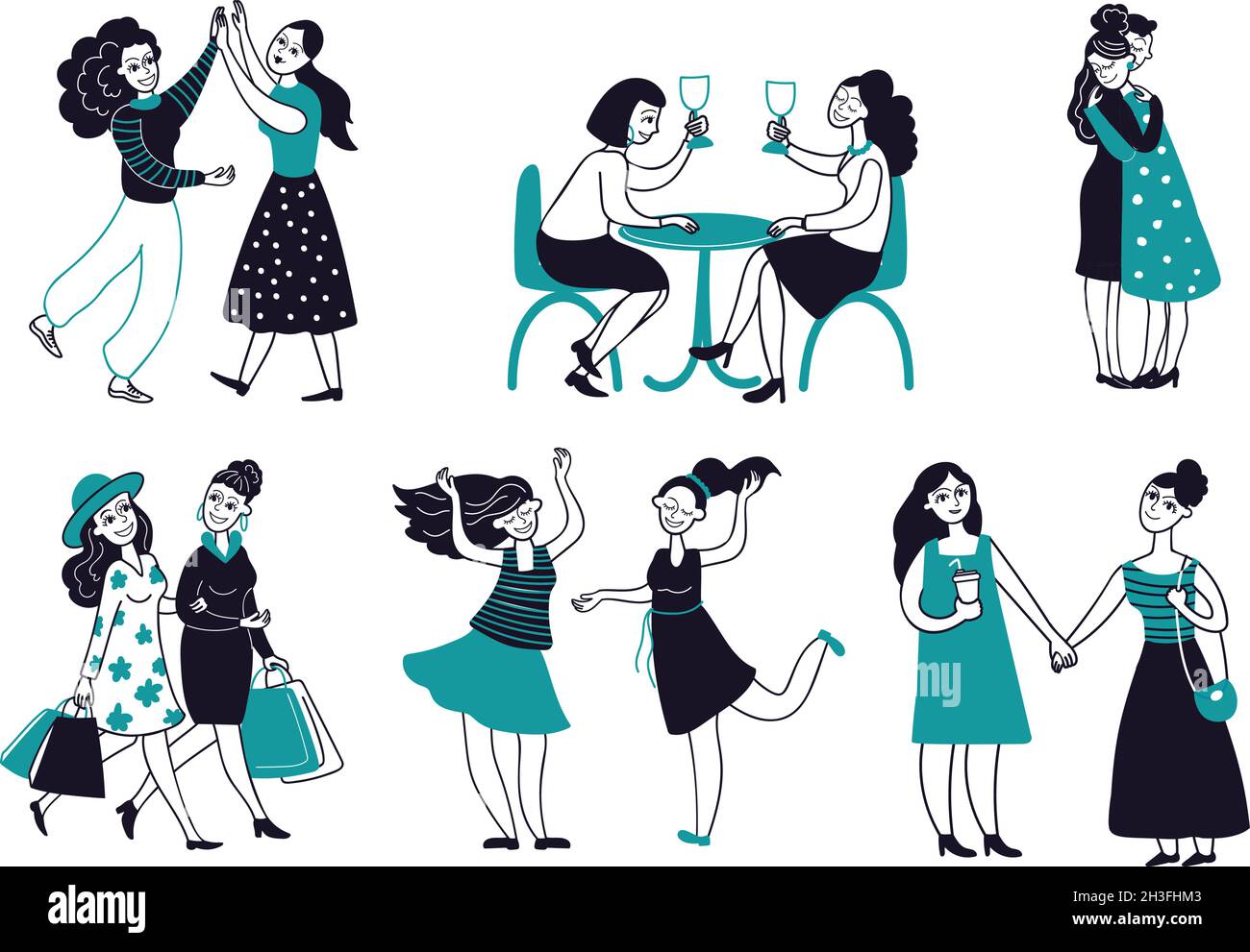 Weibliche Freundschaft. Mädchen Freunde zusammen, Frauen trinken Wein umarmt Treffen. Cartoon Feministinnen Charaktere, anständig lächelnde Frau tanzen Vektor-Szenen Stock Vektor