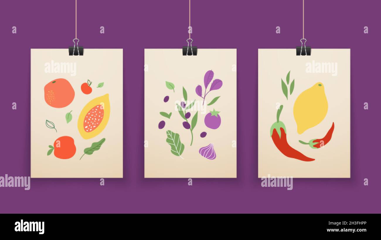 Abstrakte Lebensmittelposter. Obstformen, Pastellfarben, moderne Innenraumgestaltung mit Gemüse und Pflanzen Stock Vektor