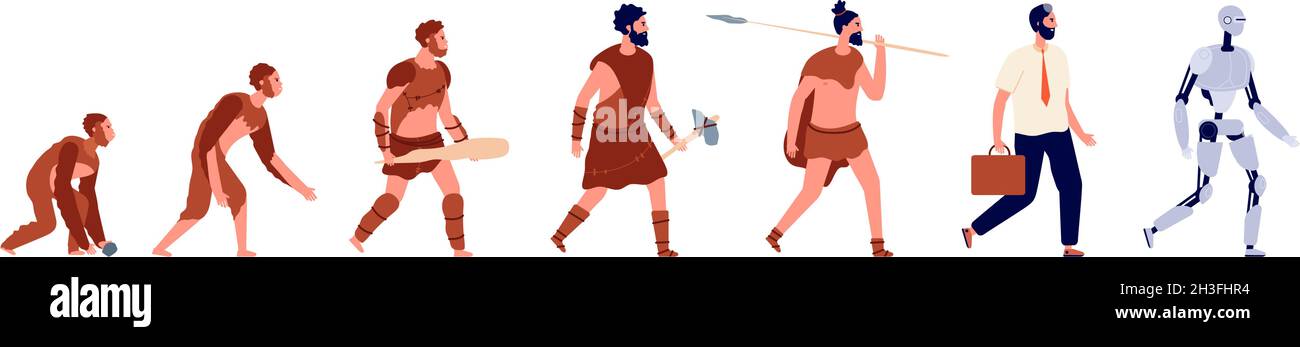 Menschliche Evolution. Tiermann, Geschäftskleidung Person Cyborg. Primitiver Höhlenmensch, Steinalter männlicher Charakter, äußeres anthropologisches Vektor-Konzept Stock Vektor