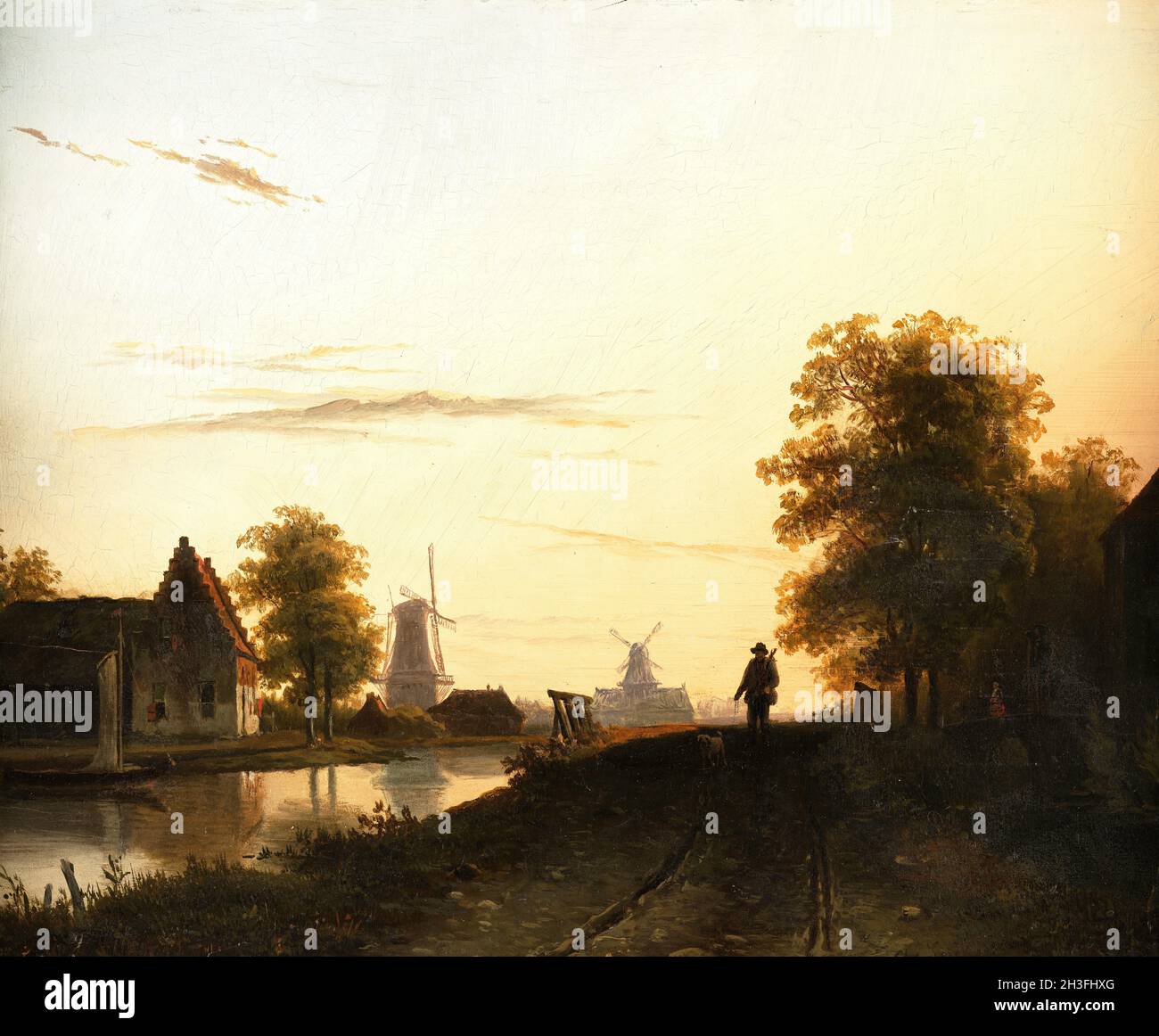 Dutch River Landscape in Evening Light des belgischen Künstlers Charles Leickert (1816-1907), Öl auf Tafel Stockfoto