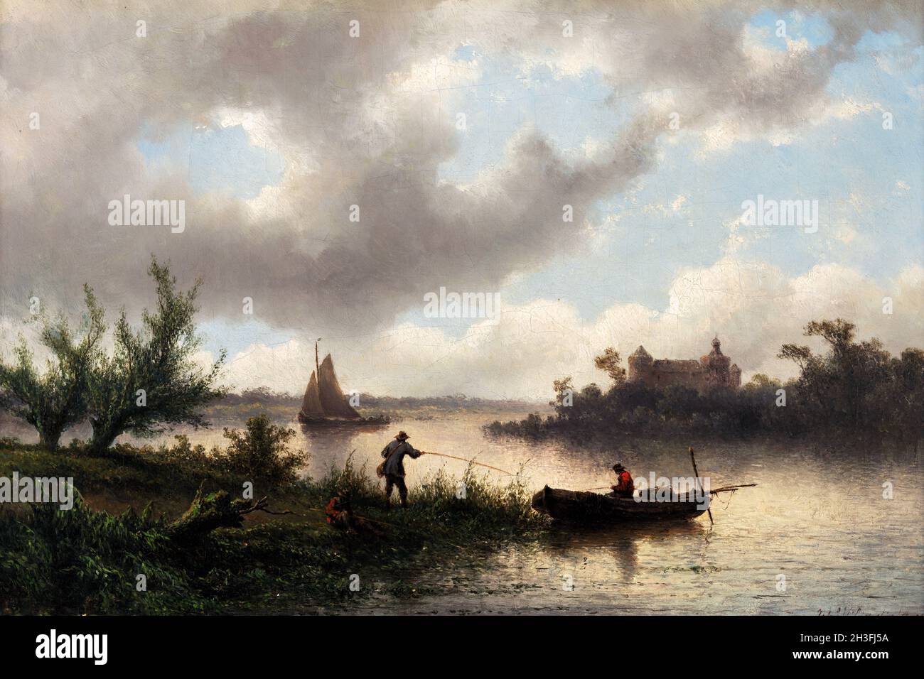 Flusslandschaft mit Anglern von Johannes Hilverdink (1813-1902), Öl auf Leinwand, 1869 Stockfoto