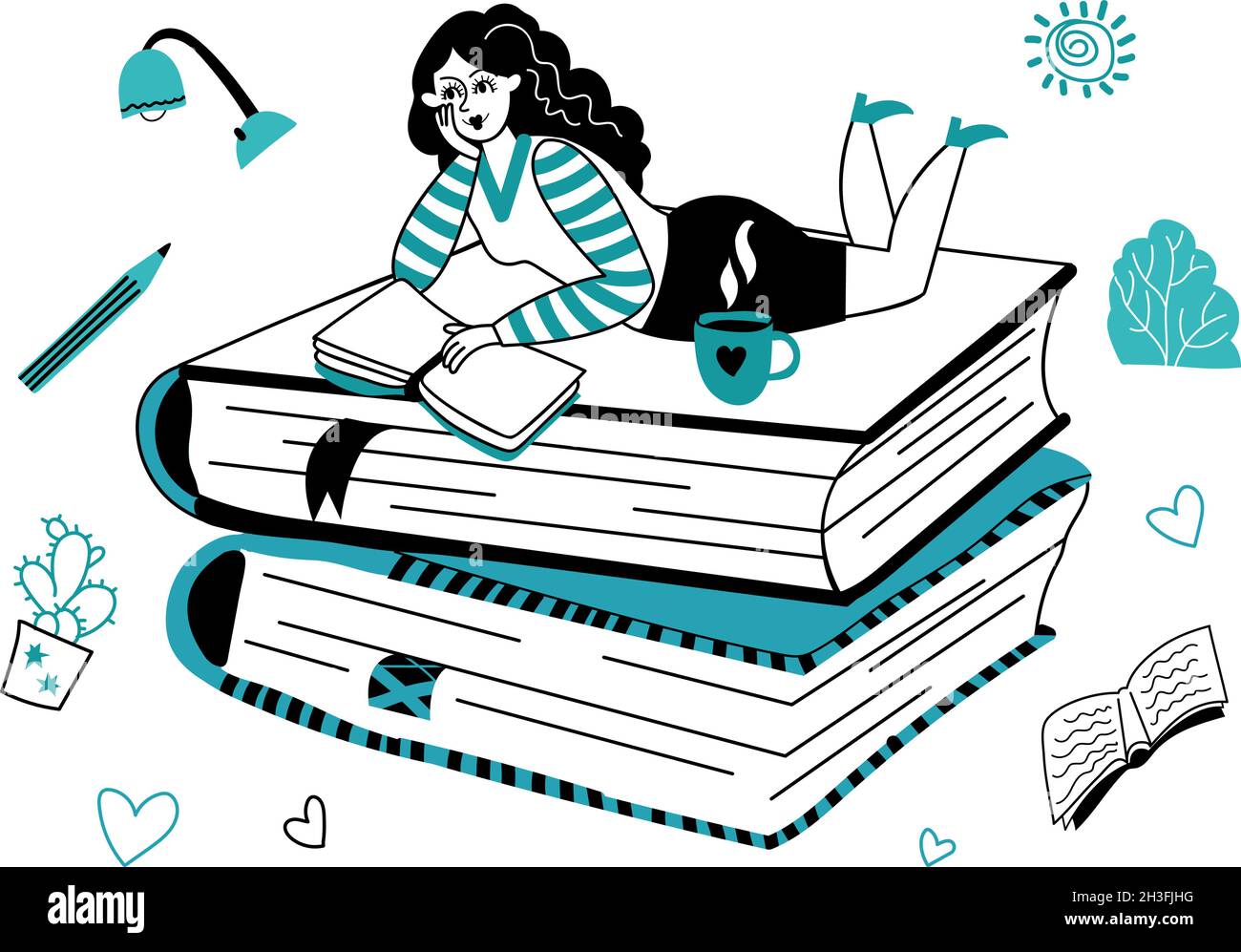 Lesendes Mädchen. Junge Frau lesen, umreißen Charakter mit Buch. Schüler lernen, Doodle entspannen oder neues Wissen anständigen Vektor-Konzept Stock Vektor
