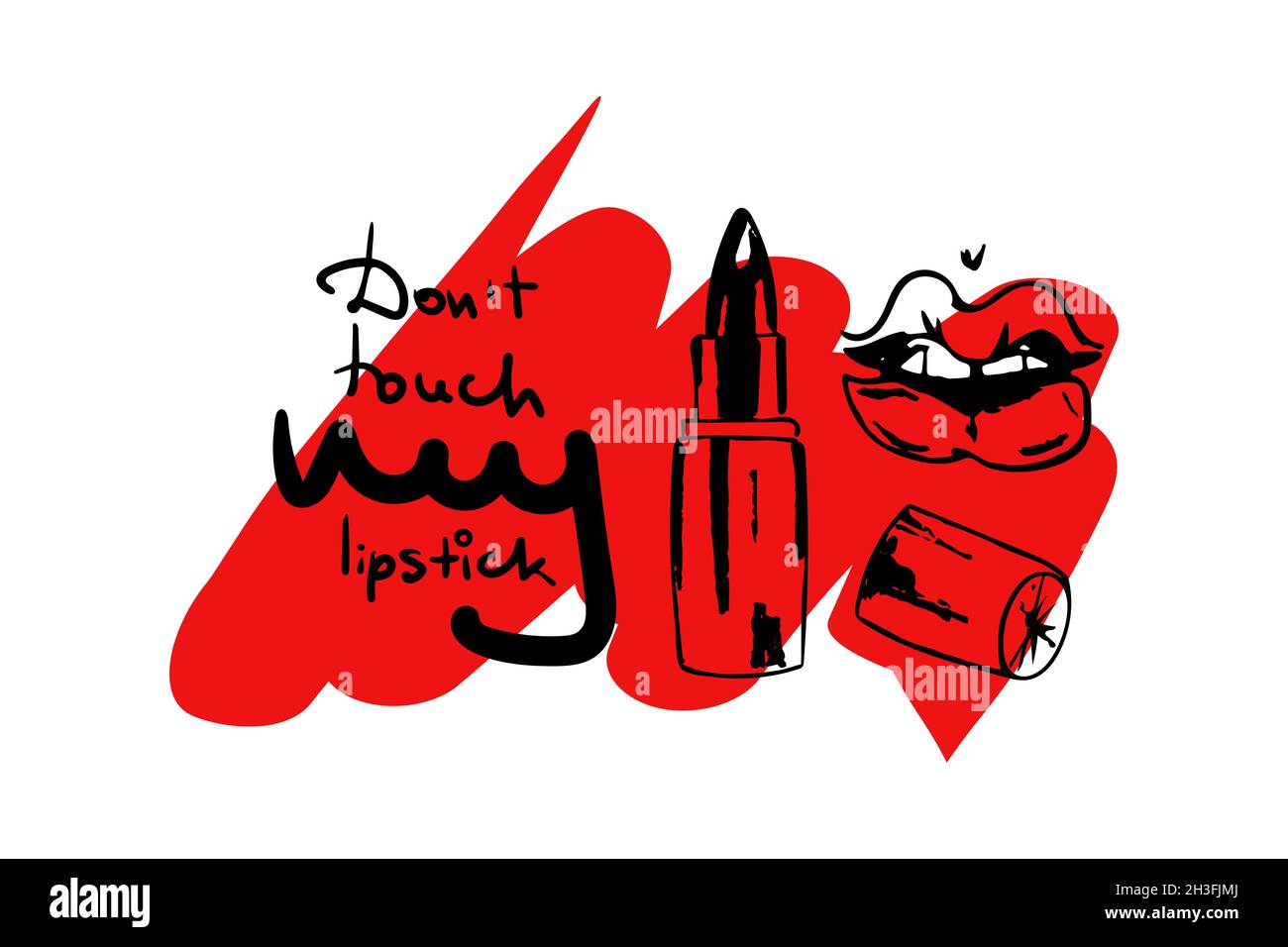 Modischer schwarzer Lippenstift in abstrakter Form aus verschmiertem Lippenstift. Schriftzug berühren meinen Lippenstift nicht. Vektorgrafik. Stock Vektor
