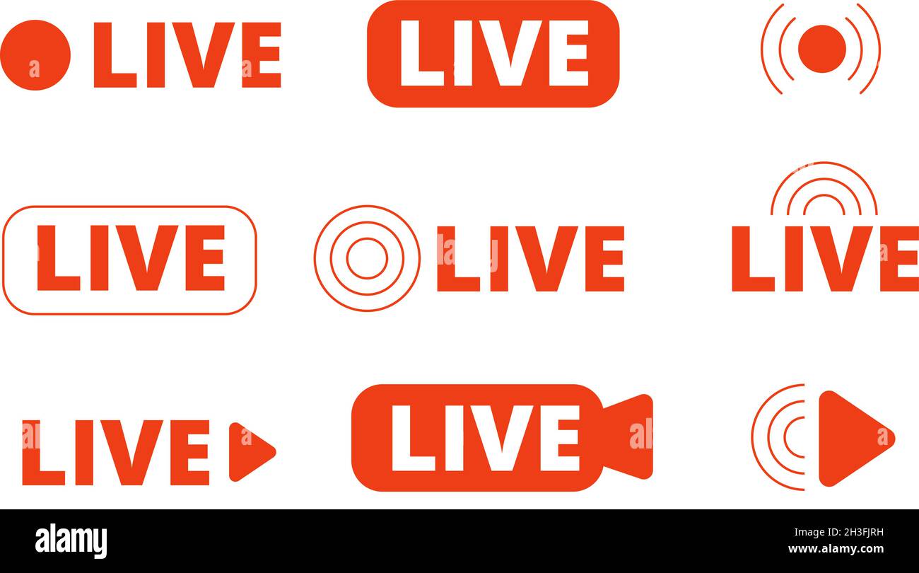 Live-Streaming-Symbole. Livestream-Symbol, isoliertes Online-Logo für Stream-Übertragung. Internet-Video-Schilder, TV-Radio oder Nachrichten-Medien-Vektor-Symbole Stock Vektor