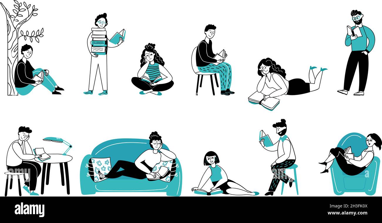 Die Leute lesen Bücher. Mädchen lesen, Buch Studie im Sommerpark. Doodle jungen Menschen Lebensstil, anständige Studenten entspannen und lernen Vektor-Zeichen Stock Vektor