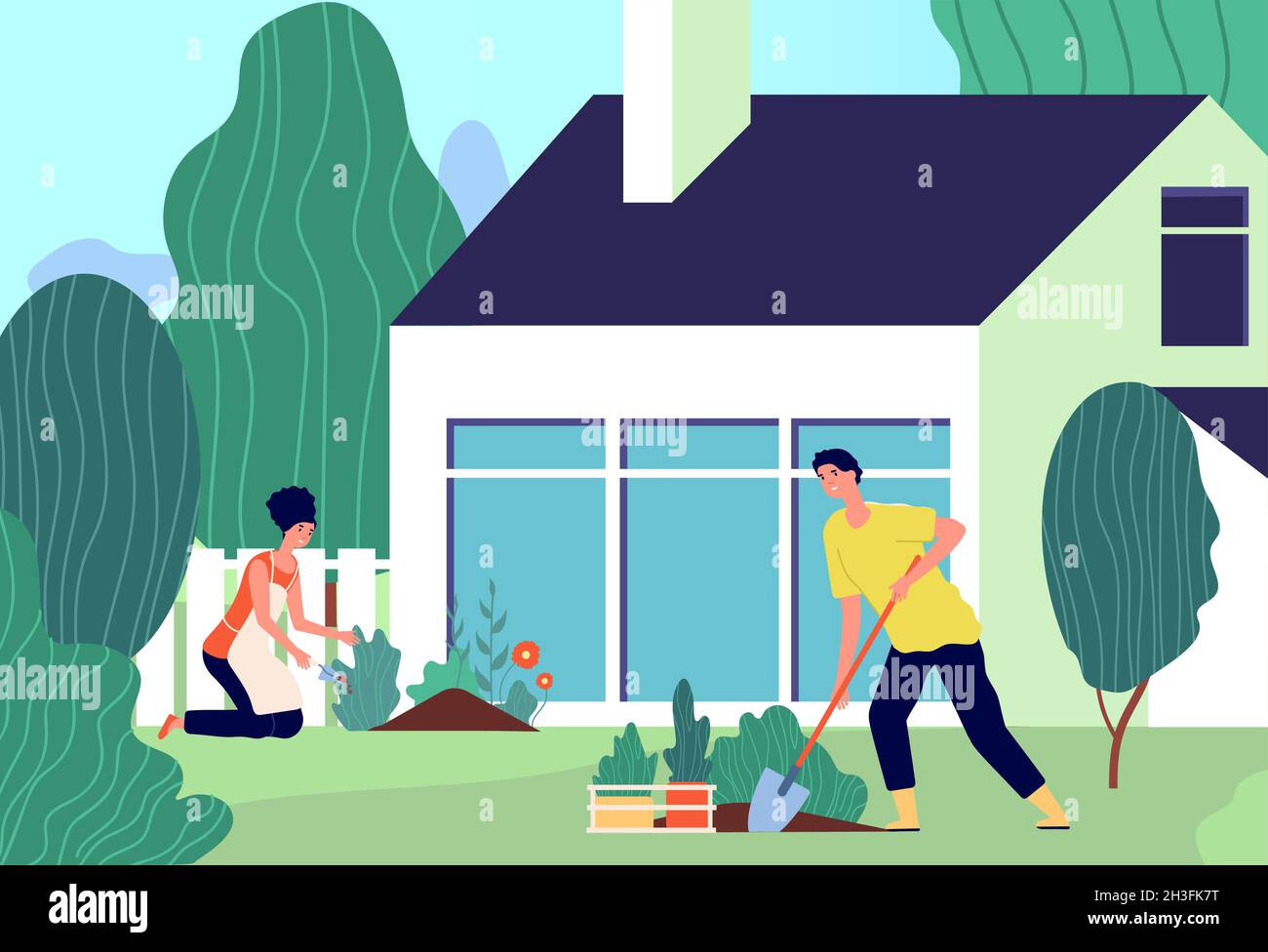 Familienpflanzen. Mann Frau arbeitet im Garten. Paar auf Hinterhof Pflanzen Blumen und Grüns, Frühling Sommer Outdoor Hobby Vektor-Illustration Stock Vektor