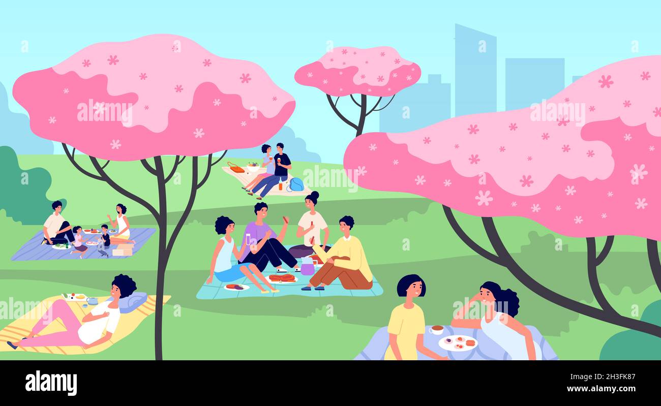 Picknick im Stadtpark. Familienpicknicks, Ruhe auf Naturlandschaft. Menschen zu Fuß, Cartoon Frühling Sommer Familien Aktivitäten Utter Vektor-Konzept Stock Vektor