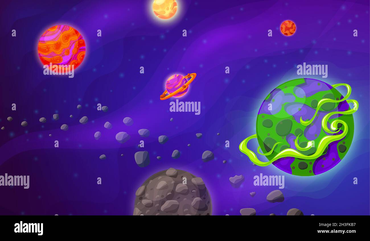 Raum und Planet Hintergrund. Cartoon-Galaxie, Universumslandschaft mit Planeten. Futuristische Spielszene, Kosmos mit Sternen aktuelle Vektor-Illustration Stock Vektor