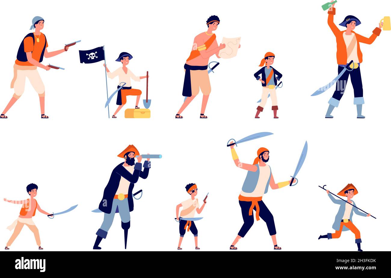 Piraten-Figuren. Cartoon Pirat, marine Räuber Männer und Jungen. Ocean Traveller Charaktere, kindische Person mit Schatz und Karte Utter Vektor-Set Stock Vektor
