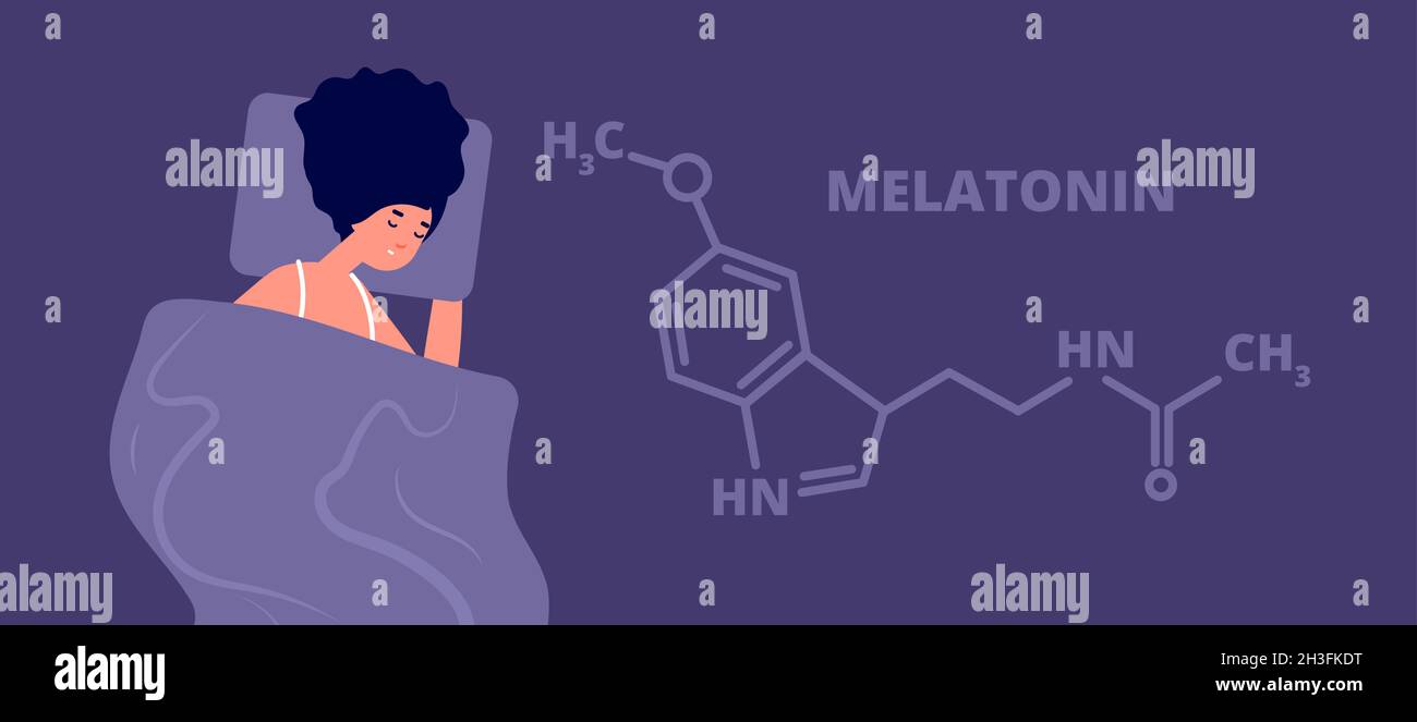 Melatonin-Hormon. Struktur Hormone schlafen, flache Person schlafen im Dunkeln. Science Education Banner, Schlaflosigkeit und Gesundheit Traum totale Vektor-Konzept Stock Vektor