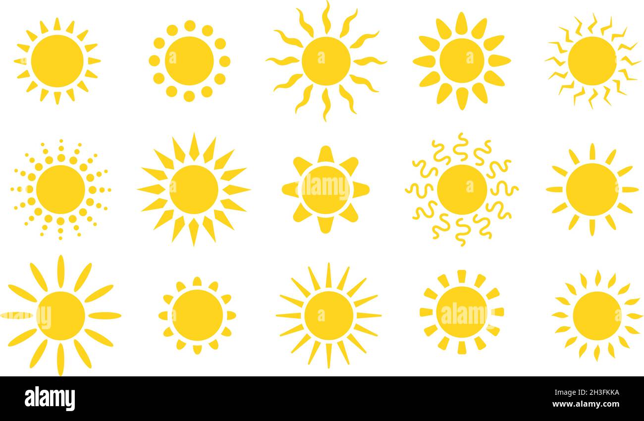 Logo für Sommer mit flacher Sonne. Gelbe Sonnen Kreise, helle natürliche Lichtobjekte. Heizendes Sonnenlicht, isolierte Frühling warme Jahreszeit Utter Vektor-Symbole Stock Vektor