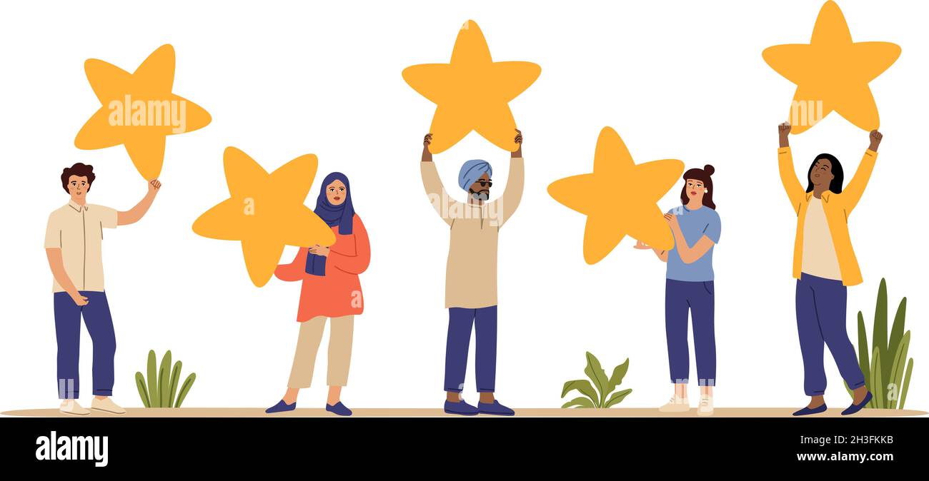 Bewertungsstern. Kunden bewerten, Menschen mit Feedback fünf Sterne. Isolierte verschiedene multikulturelle Männer Frauen Vektor-Zeichen Stock Vektor