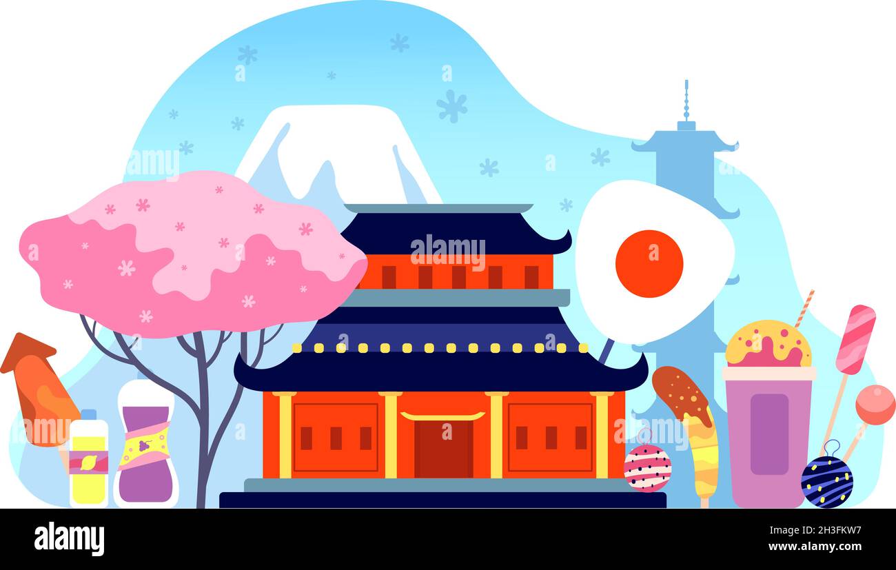 Japan Reise Hintergrund. Japanische Sommerlandschaft, Reisende Wahrzeichen und Festivalelemente. Asiatischer Tourismus, flaches abstraktes Vektorbanner Stock Vektor
