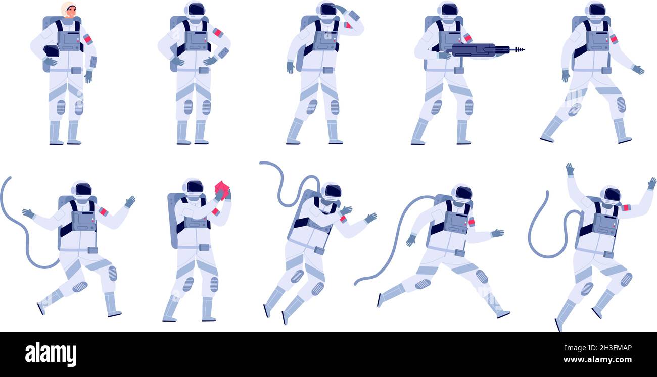 Cartoon-Astronaut. Flache Astronauten-Gruppe, Astronomie-Party-Charaktere. Spaceman Kostümdesign, erwachsener Kosmonaut im Universum-Utter-Vektor-Set Stock Vektor