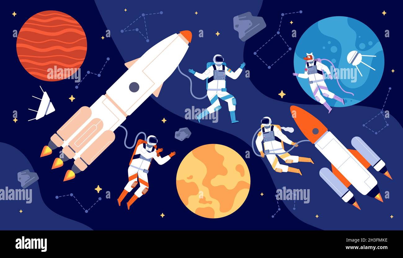 Space Explorer gesetzt. Bewegte Charaktere, Kosmonauten-Karikatur in der Galaxie. Spaceman fliegt zum Mond, Astronaut Planeten Exploration Utter Vektor-Konzept Stock Vektor