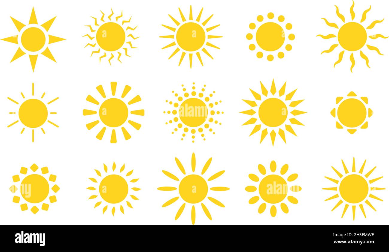 Gelbe Sonnensymbole. Sonnenstrahlen, flache, sonnige Wetterelemente. Sommerhitze, isolierter abstrakter Sonnenaufgang oder heller Morgen-Utter-Vektorsymbole eingestellt Stock Vektor