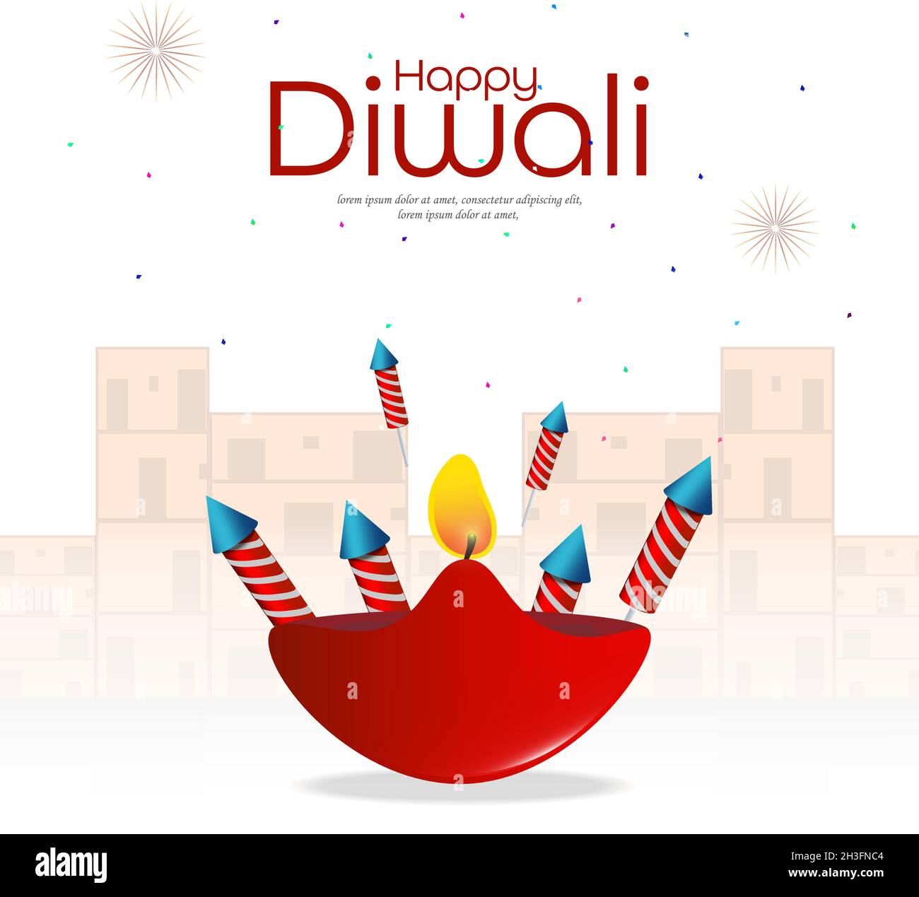 vektor-Illustration von bunten Feuer Cracker mit dekorierten Diya für Happy Diwali Urlaub in Indien Stock Vektor