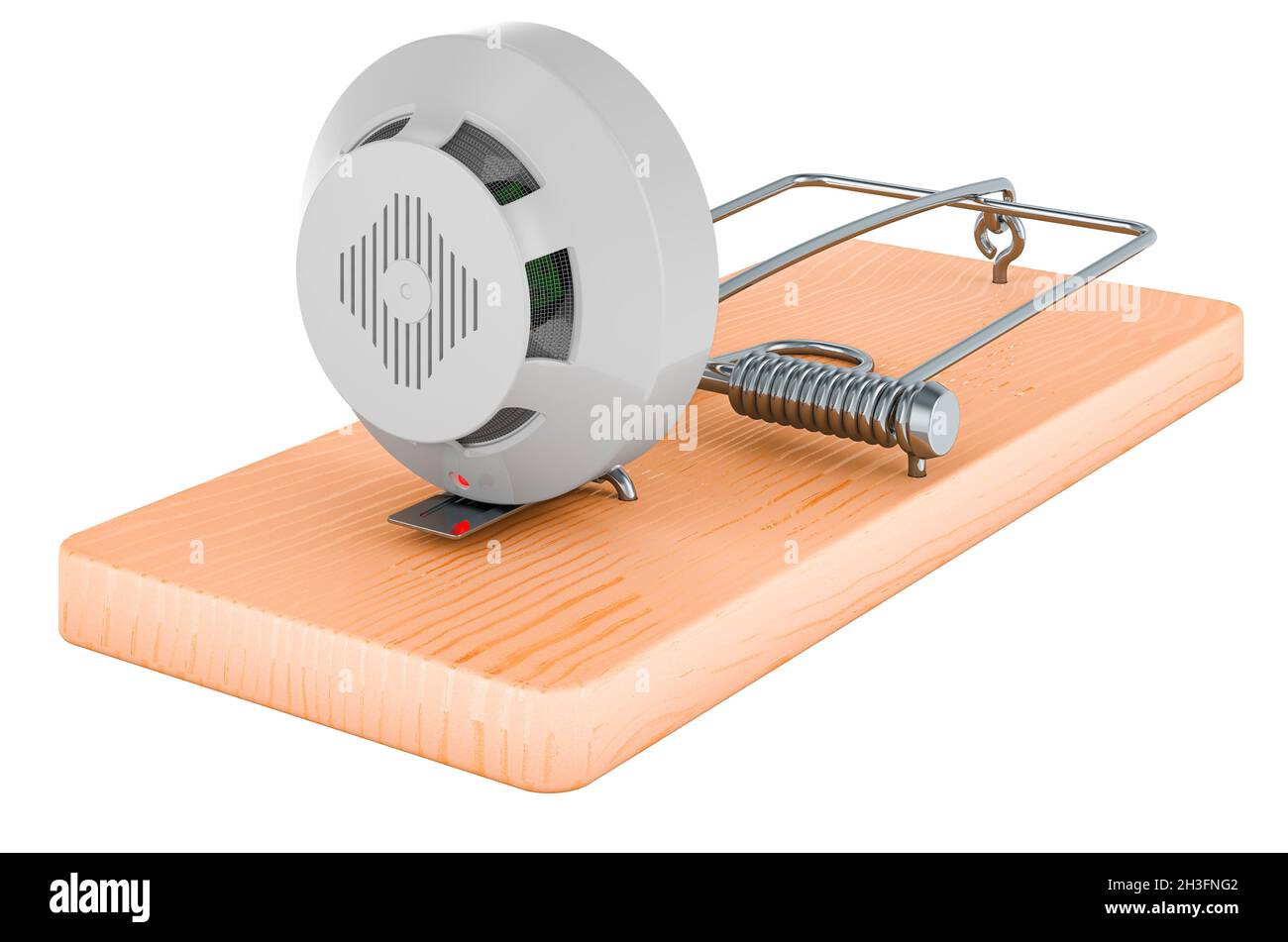 Feuer- und Flammenmelder in der Mausefalle, 3D-Rendering isoliert auf weißem Hintergrund Stockfoto
