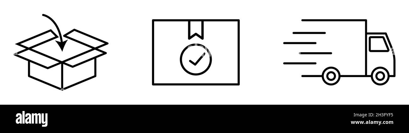 Symbole für Ausgabevektoren. Lieferkisten, Frachtkasten und Versand Lieferwagen. Liniensymbole. Kann für Website-Design, Logo, App, Vorlage und benutzeroberfläche verwendet werden. EPS Stock Vektor