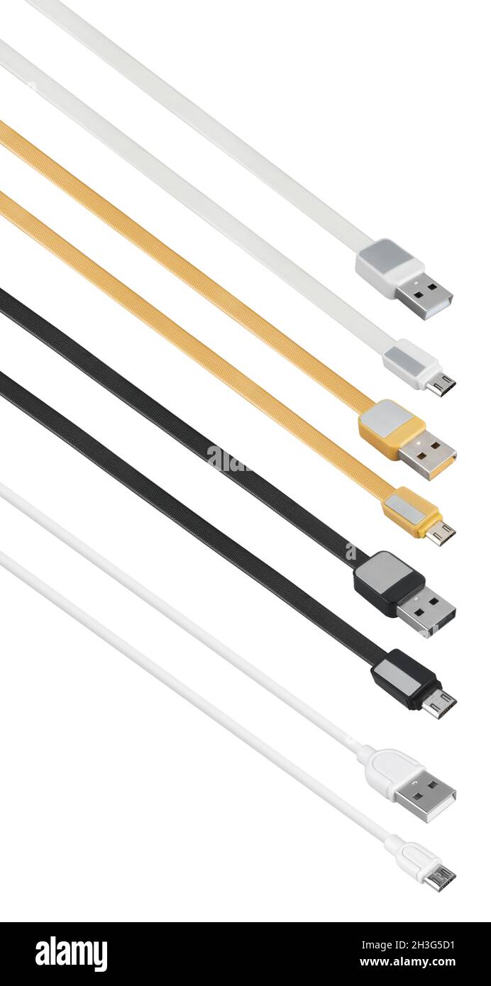 USB- und microUSB-Anschluss mit Kabel, Anschluss für elektronische Geräte, elektronisches Bauteil, Computerzubehör Stockfoto