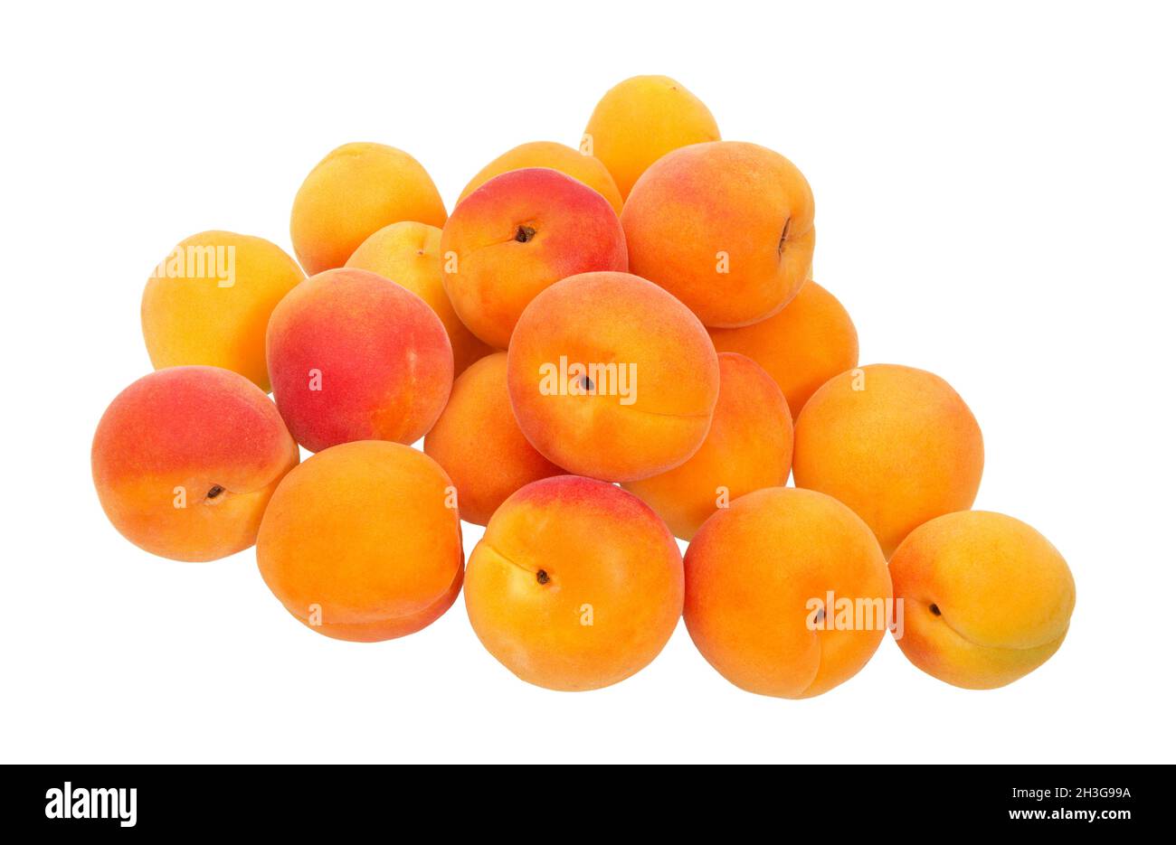 Aprikosen oder Pfirsiche isoliert auf weißem Hintergrund. Ein Bund Aprikosenfrüchte. Isolierte Früchte Stockfoto