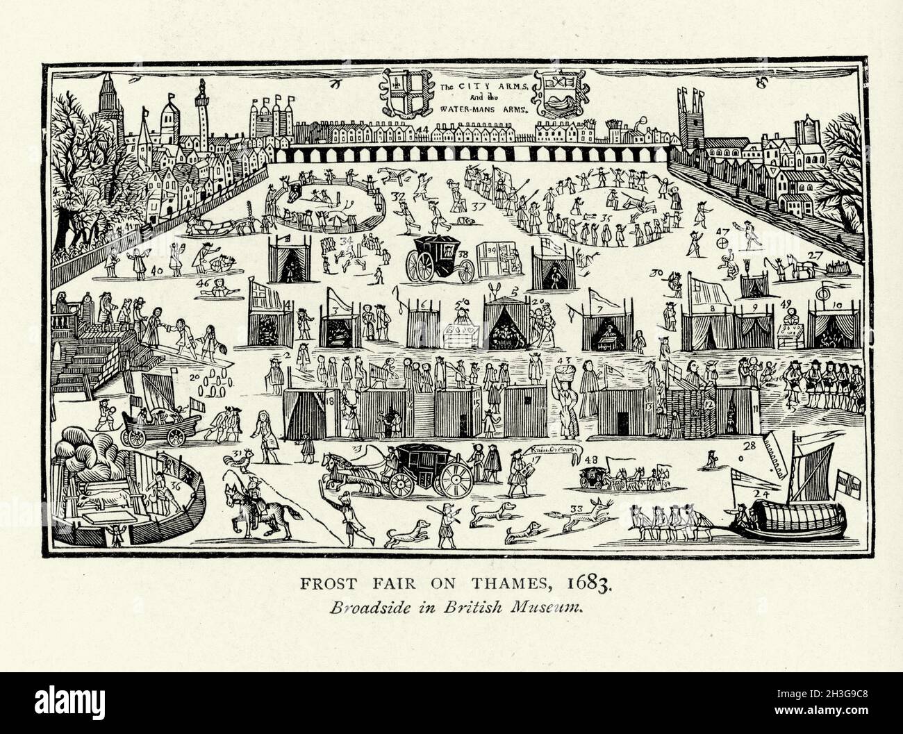 Vintage Illustration der Themse Frostmessen, 1683, London 17. Jahrhundert. Zu den Aktivitäten gehörten Pferde- und Kutschenrennen, Eislaufen und Puppentheater, Stockfoto