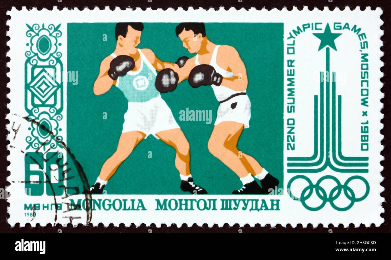 MONGOLEI - UM 1980: Eine in der Mongolei gedruckte Briefmarke zeigt Boxing, 22. Olympische Sommerspiele, Moskau, um 1980 Stockfoto