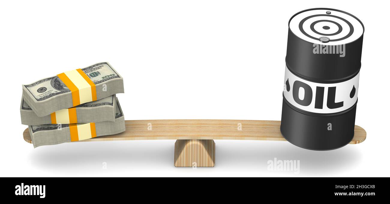Schätzung des Ölwertes in den US-Dollar. Die Menge Geld und ein Fass mit dem Wort ÖL werden in der Bilanz gewogen. 3D-Illustration Stockfoto