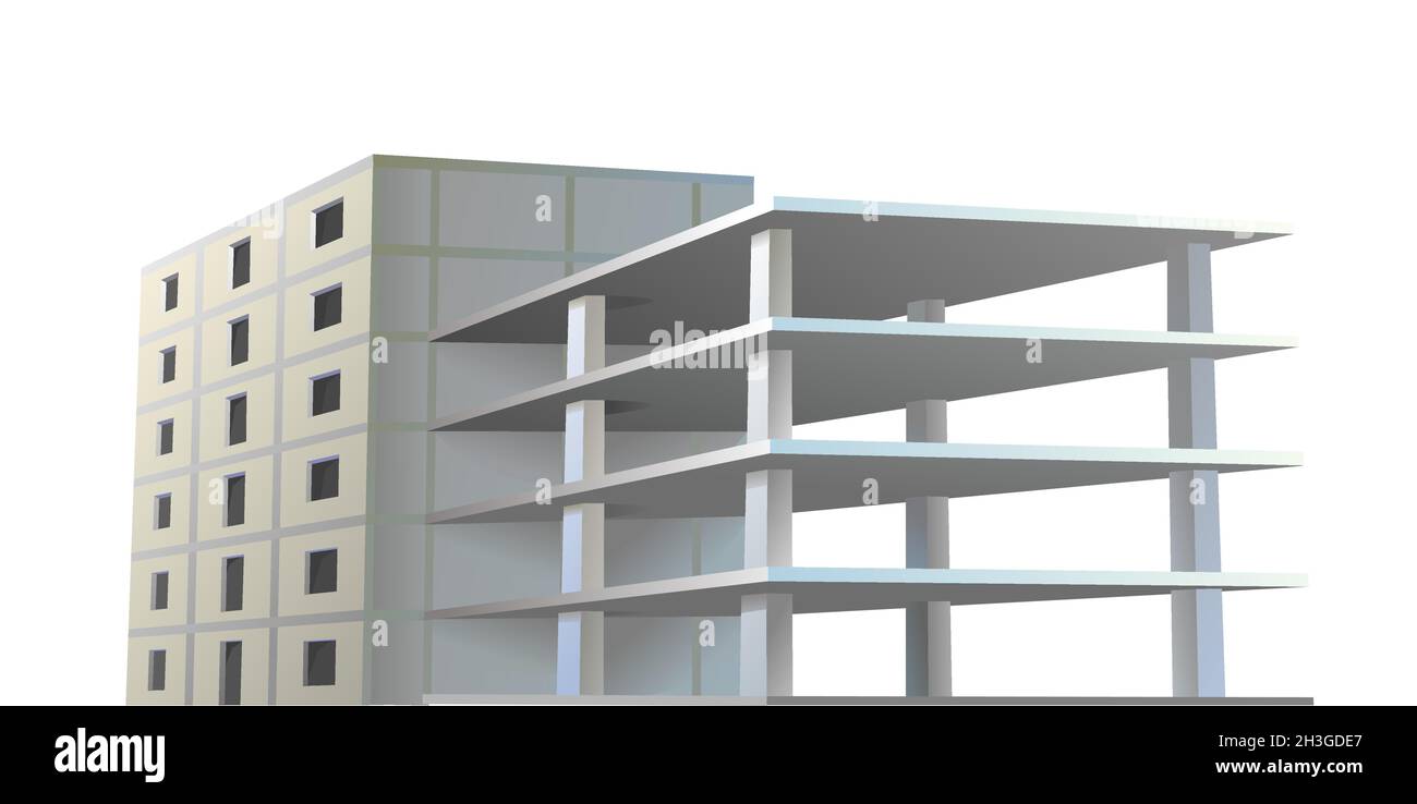 Gebäudekonstruktion mit Ebenen. Stahlbetonplatten und -Böden. Wohnhaus oder Büro. Nicht fertiggestelltes Objekt. Realistischer Style. Isoliert ein Stock Vektor