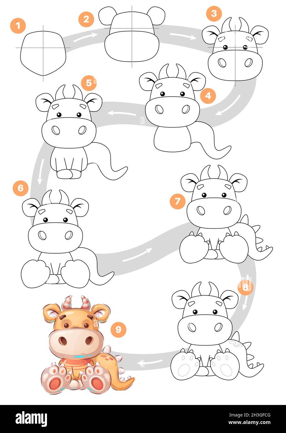  Schritt für Schritt Anleitung zum Zeichnen eines Dinosauriers Stock Illustration 