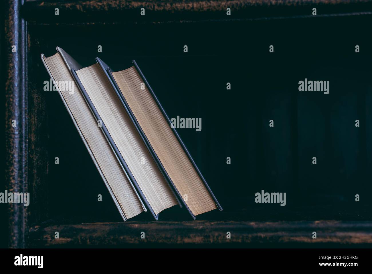 Bücherregal mit Büchern aus der Nähe. Büro- oder Bibliothekskonzept. Stockfoto