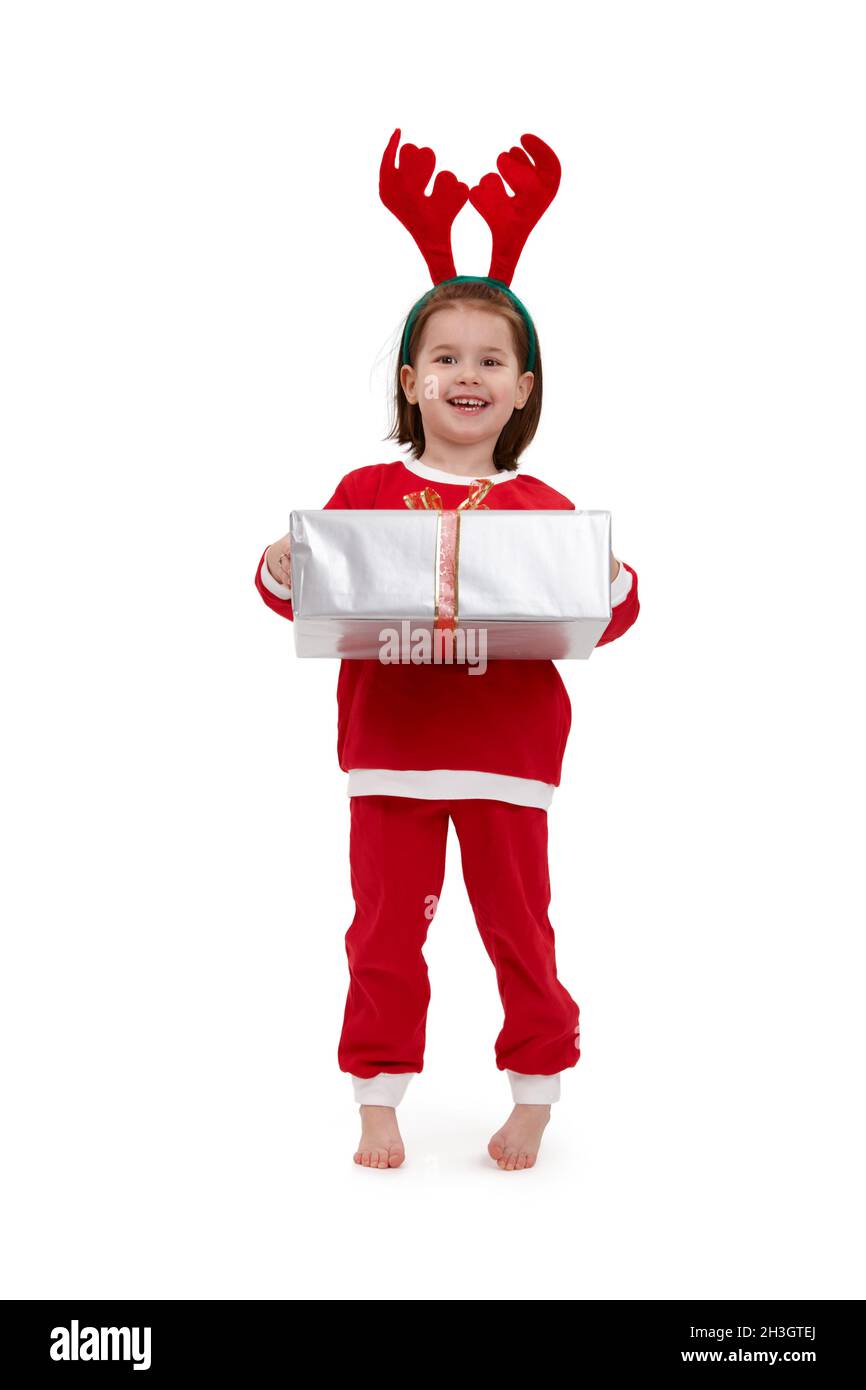 Lachendes kleines Mädchen im weihnachtsmann Kostüm Stockfoto