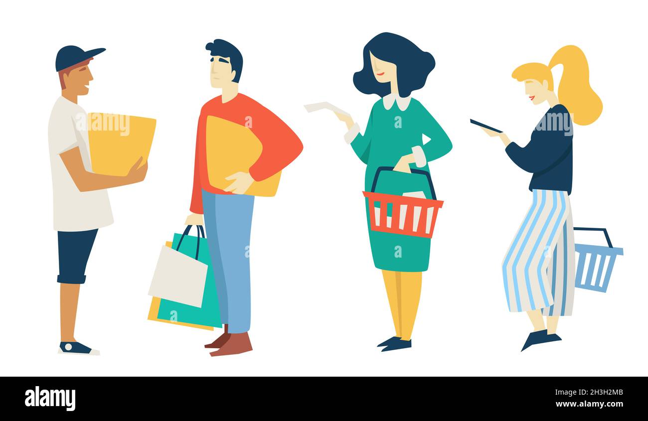 Mann und Frau einkaufen Taschen und Box Supermarkt Korb Stock Vektor
