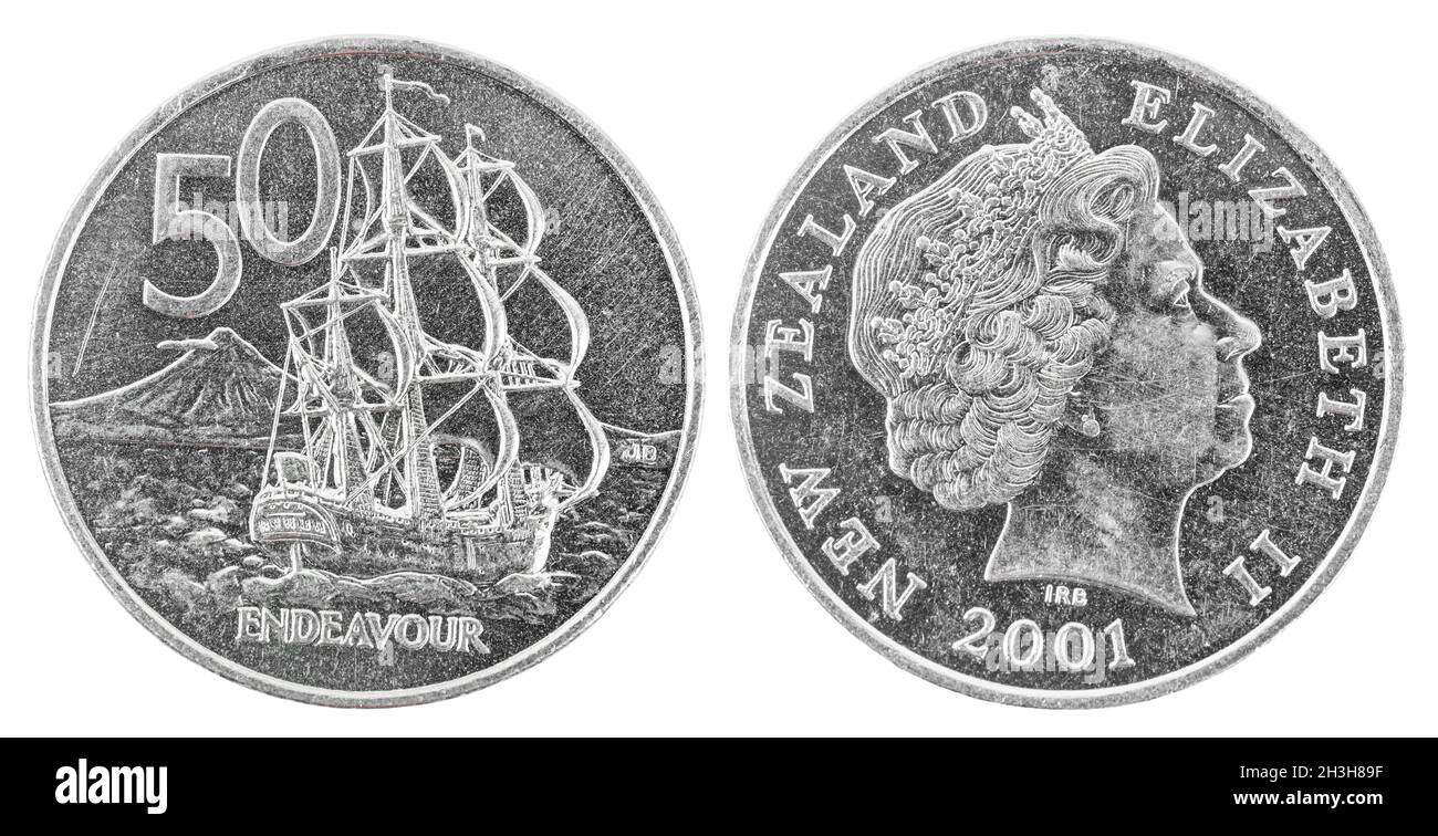 Alte 50 Neuseeland Cent Münze isoliert auf weißem Hintergrund, speichern Clipping Pfad. Stockfoto