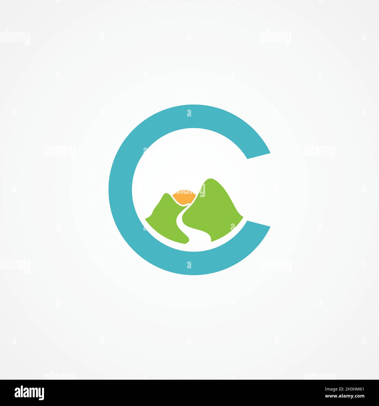 Buchstabe C mit Berggrafik im flachen Stil. Abbildung Design innerhalb des Buchstabens C. Vektor-Abbildung EPS.8 EPS.10 Stock Vektor