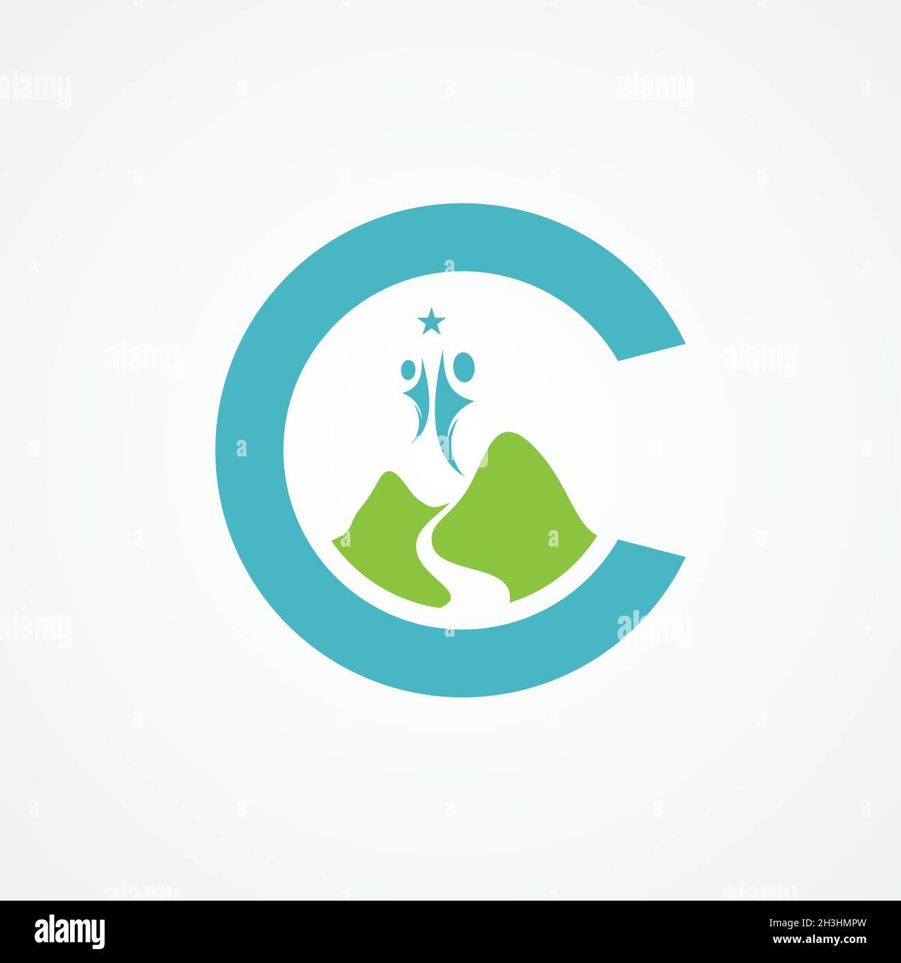 Buchstabe C mit Berggrafik im flachen Stil mit Menschen. Abbildung Design innerhalb des Buchstabens C. Vektor-Abbildung EPS.8 EPS.10 Stock Vektor