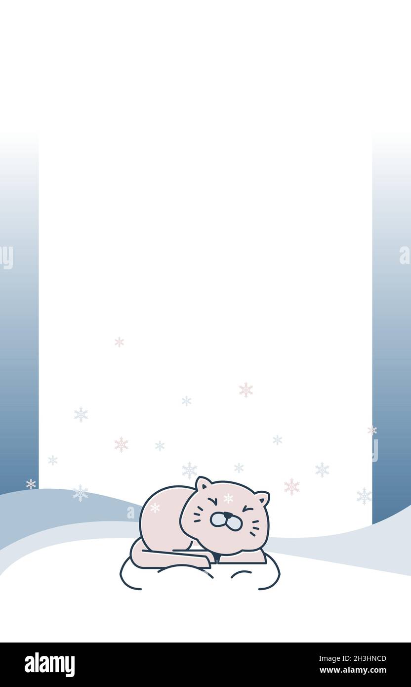 Katze Schlafen Winter Schnee Schneeflocke Urlaub Karte Rahmen Hintergrund Vorlage Stock Vektor