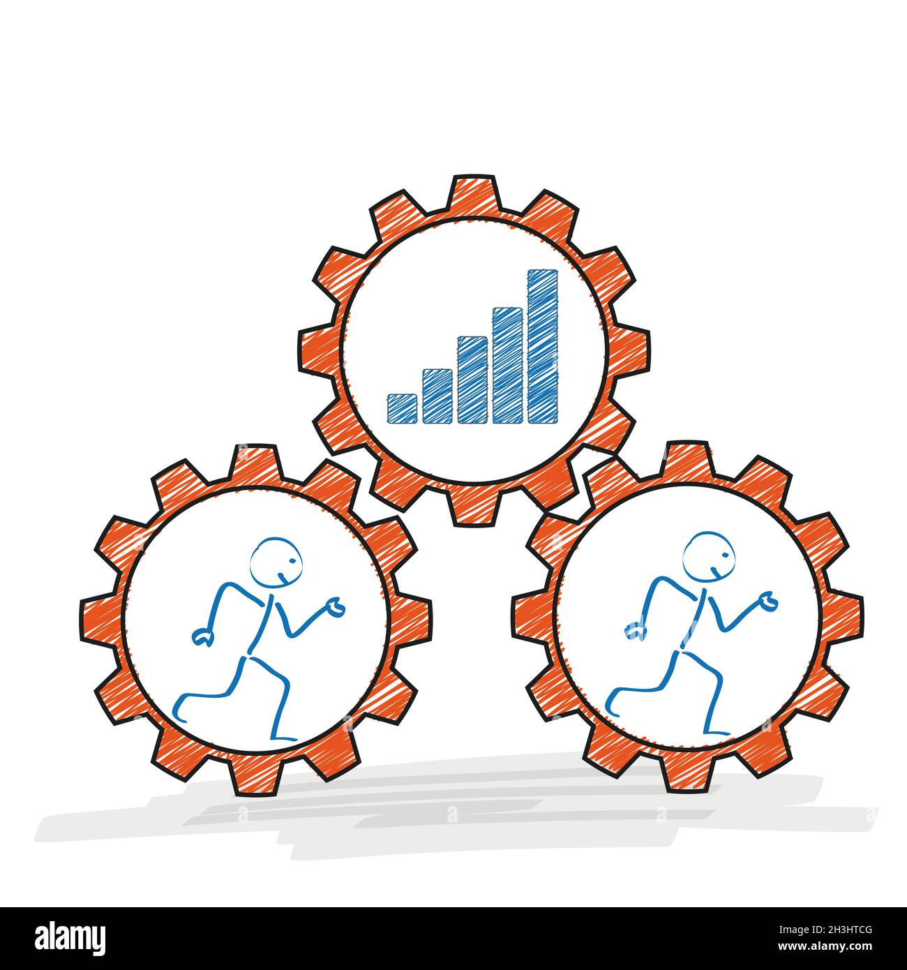 Stickman 3 Zahnräder Erfolgreiche Tabelle Stockfoto