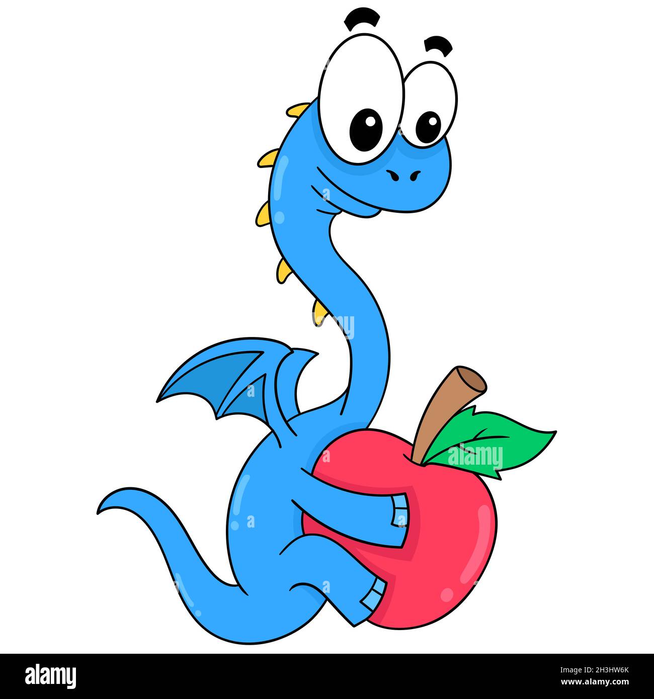 Ein blauer Dinosaurier, der einen roten Apfel umarmt Stock Vektor