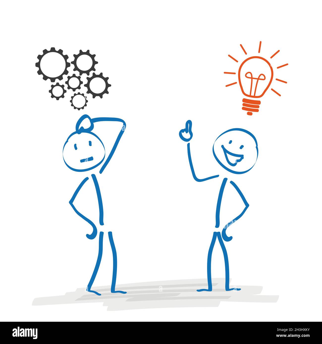 Stickman 2 Thing Gears Glühlampe Idee Stockfoto