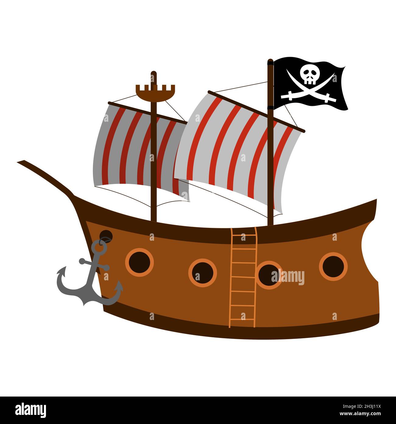 Piratenschiff mit Segeln und Piratenflagge, Vektor isoliert auf