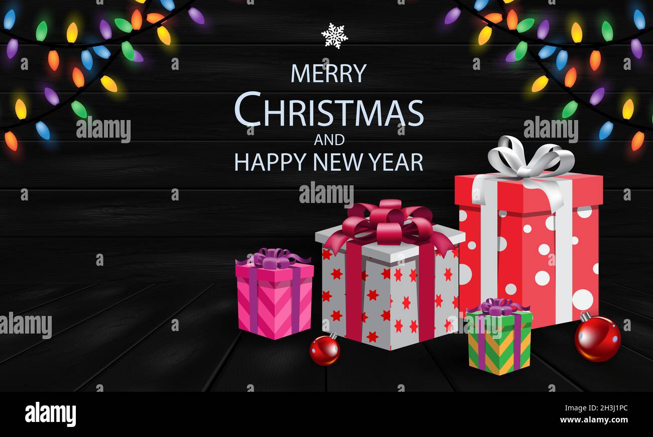 Frohe Weihnachten und ein glückliches neues Jahr Geschenkbox auf schwarzem Eichenholz Plank mit Text-Design für Feiertagsfest Feier Vektor Hintergrund Illustration. Stock Vektor