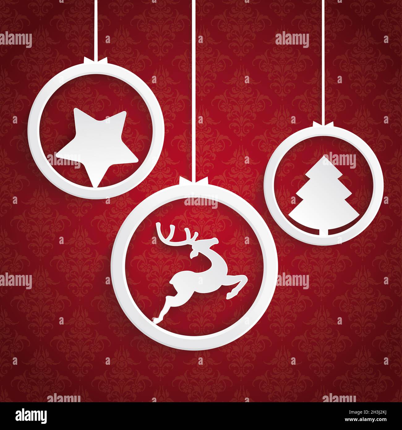 Weihnachten 3 Weiße Ringe Rote Hintergrund Ornamente Stockfoto
