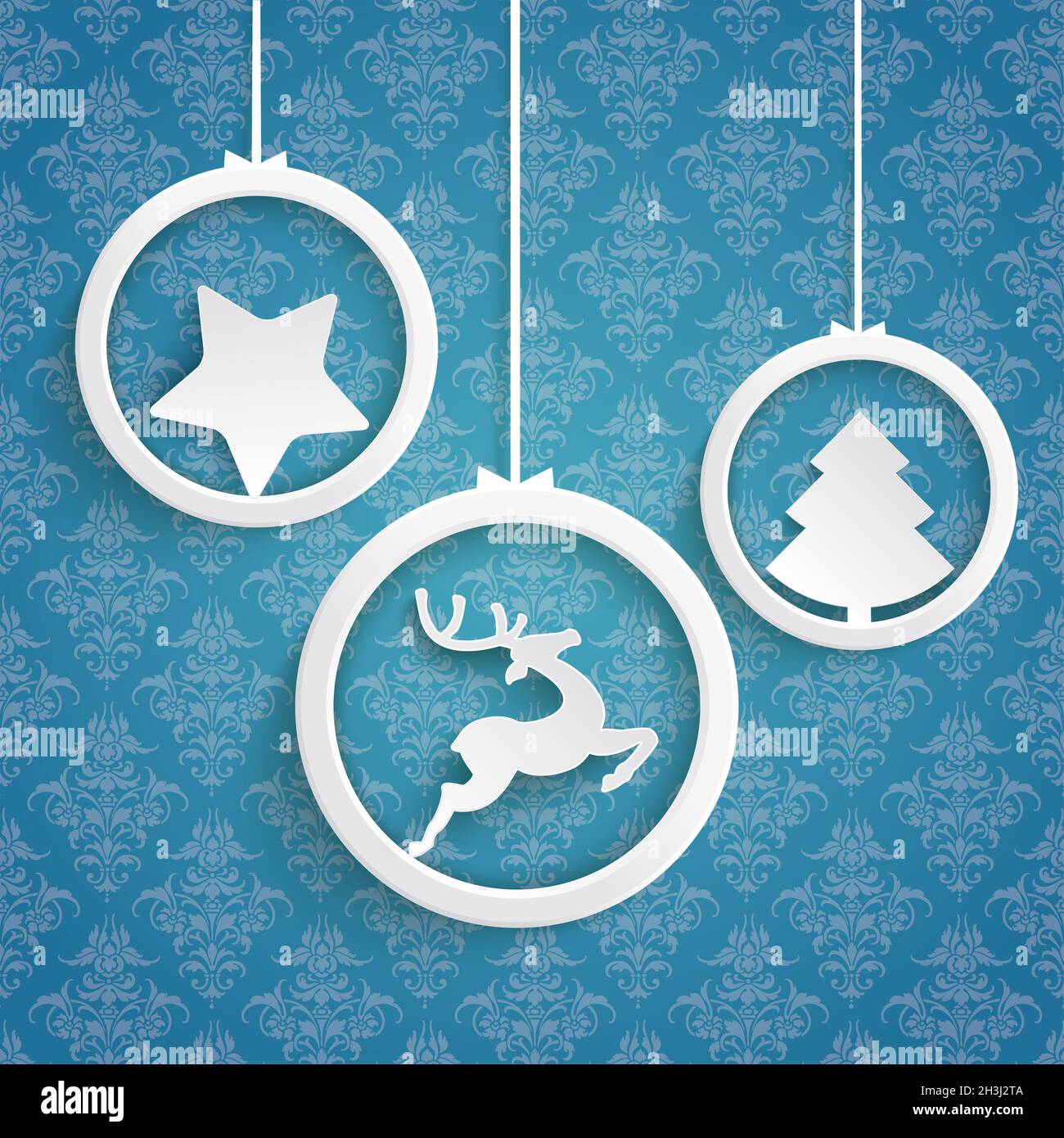 Weihnachten 3 Weiße Ringe Blauer Hintergrund Ornamente Stockfoto