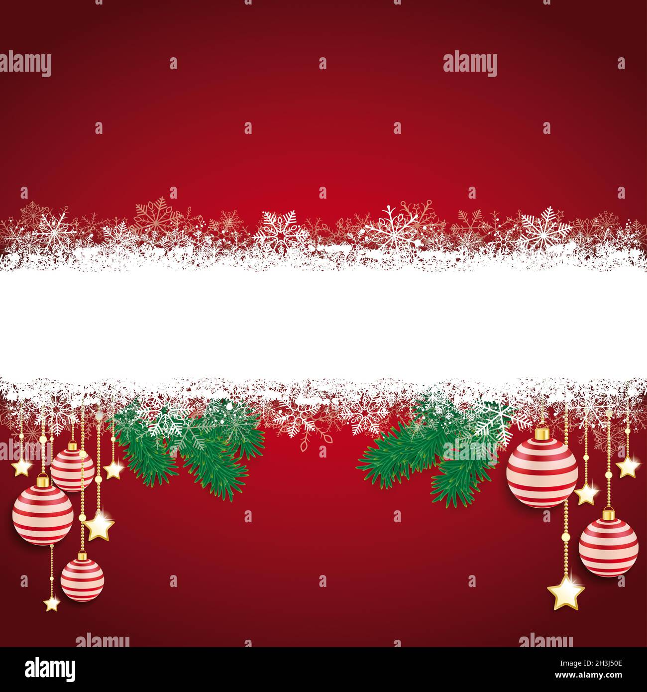 Schneeflocken Banner Rot Hintergrund Kugeln Zweige Stockfoto