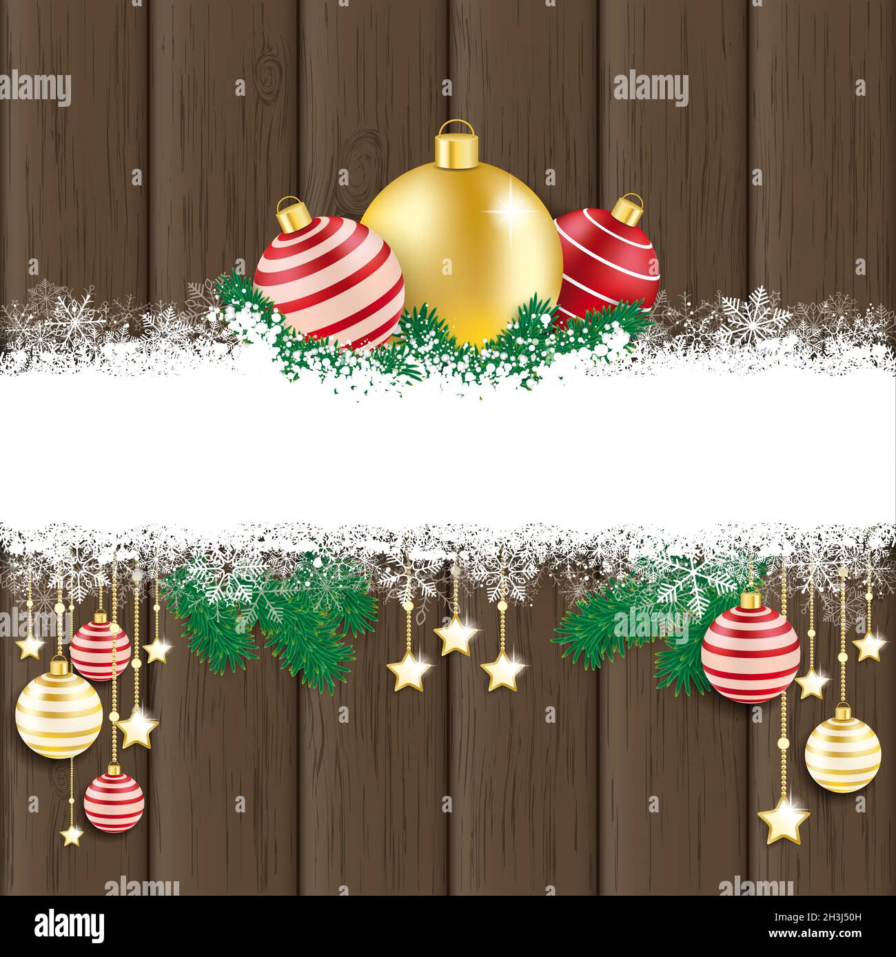 Schneeflocken Rote Goldene Kugeln Zweige Holz Stockfoto