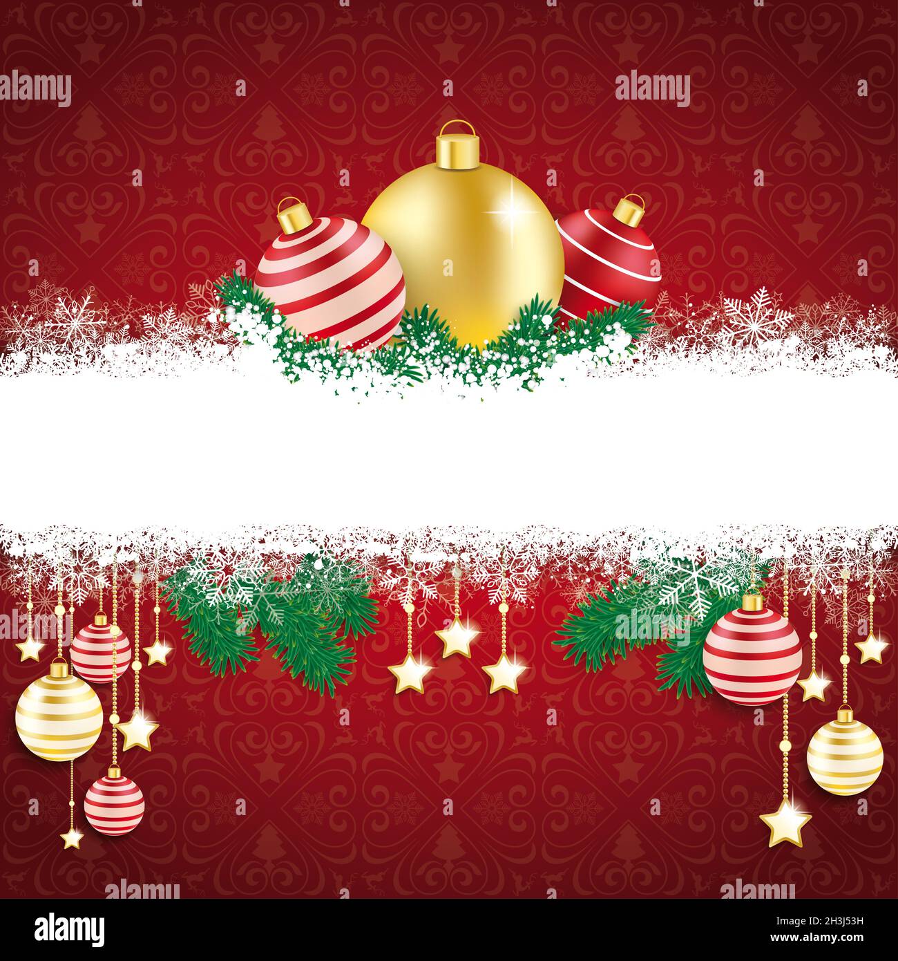 Rote Ornamente Schneeflocken Rote Goldene Kugeln Zweige Stockfoto