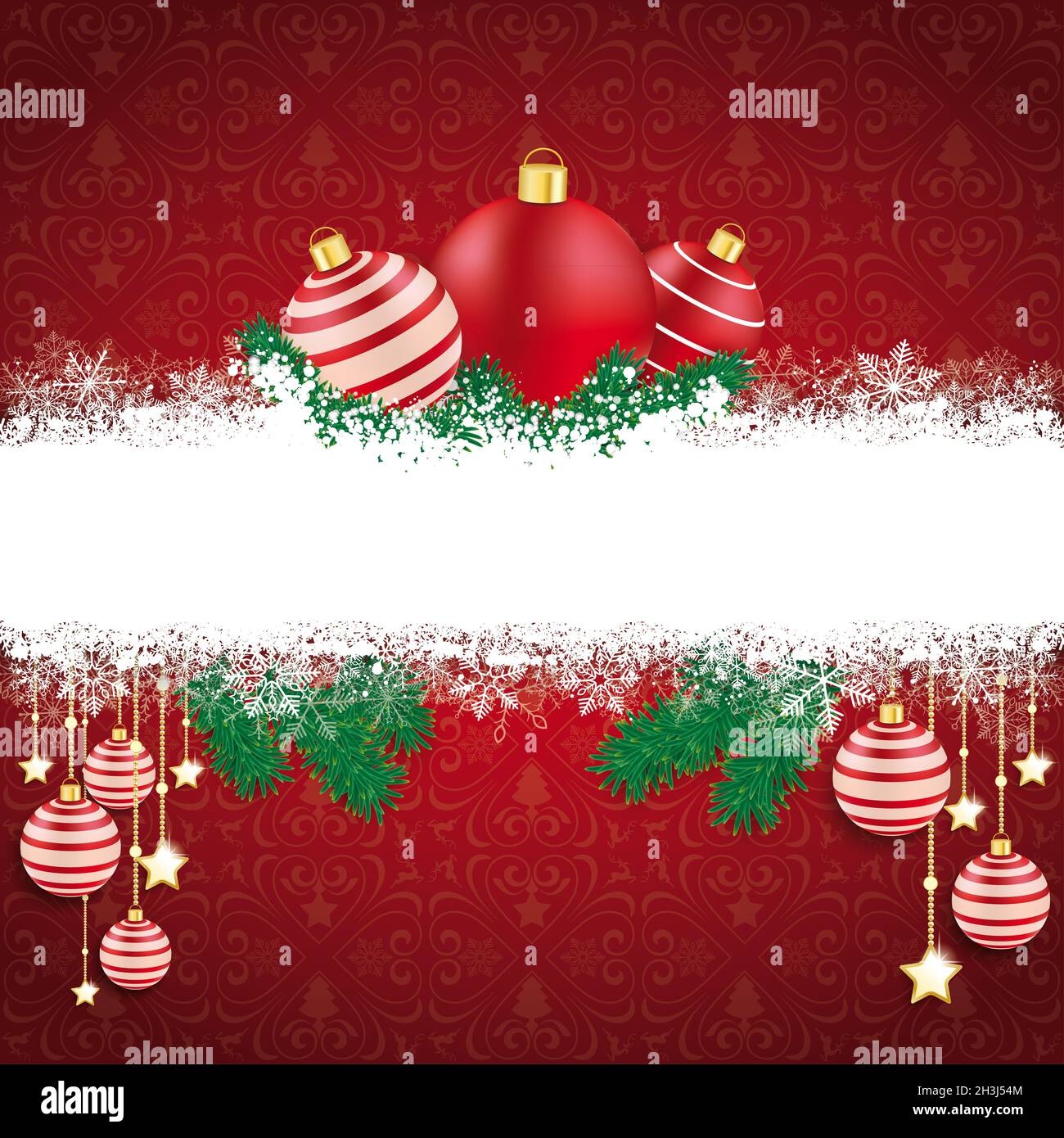 Rote Ornamente Schneeflocken Rote Kugeln Zweige Stockfoto