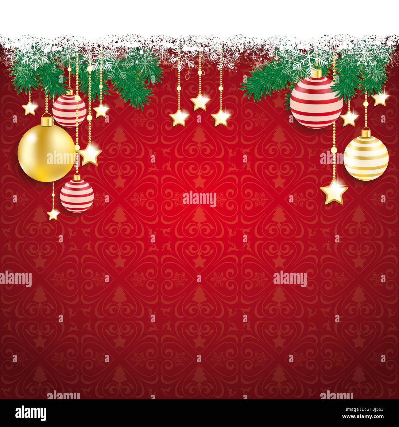 Schneeflocken, Rote Goldene Kugeln Stockfoto